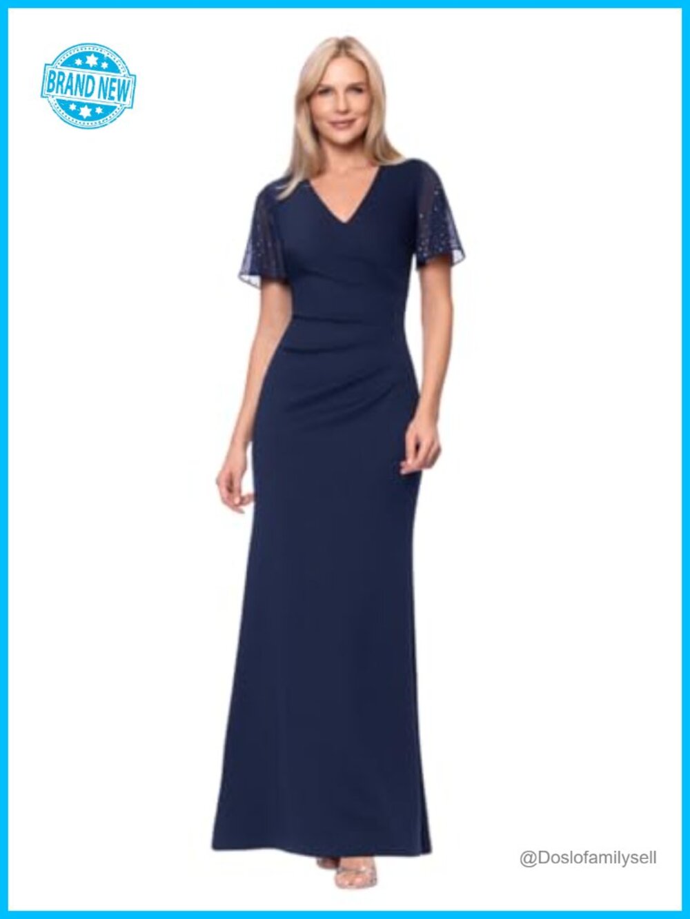 Scuba V-Neck Short Sleeve Floor Length Dress Fitted A-Line